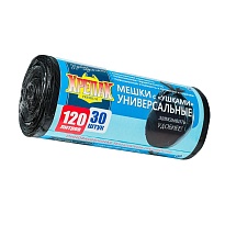 Мешки для мусора 120 л, с ушками, черные, в рулоне 30 шт., ПНД, 15 мкм, 1100х700 мм, Крепак, 4607075710375 в Павлодаре