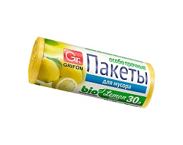 Мешки для мусора 30 л, ароматизированные, Лимон, желтые, в рулоне 20 шт., ПНД, 9 мкм, 560х530 мм, GRIFON Aroma, 101-020 Li в Павлодаре