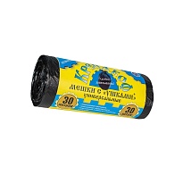 Мешки для мусора 30 л, с ушками, черные, в рулоне 30 шт., ПНД, 8 мкм, 580х460 мм, Крепакоф, 4607075710412 в Павлодаре